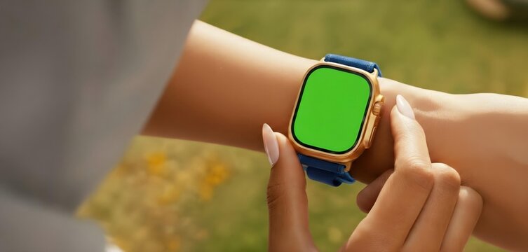 Close-up of a person wearing the Apple Watch Ultra 3 with a golden case and blue strap, green chroma screen ready for customization, outdoors with soft blurred nature background.