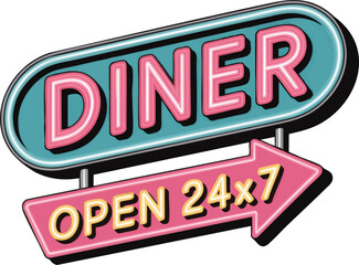 Fototapeta premium Retro diner sign vector – roadside board with arrow design, turquoise and pink neon, open 24 hours flat vector label with badge style