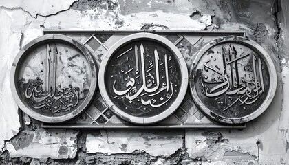 Ornate Arabic calligraphy plaques on weathered wall