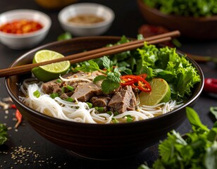 Noodle soup with meat and herbs
