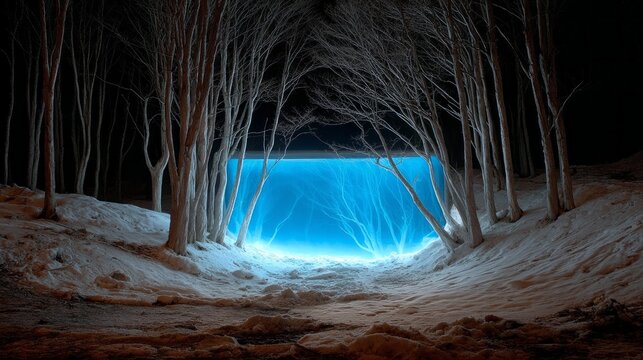 Mysterious glowing pool surrounded by winter trees in a quiet nighttime setting - Powered by Adobe