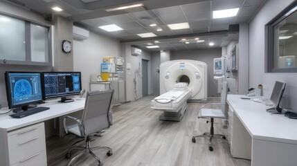Modern MRI diagnostic imaging room with advanced medical equipment, monitors displaying brain scans, and a sleek, clean interior. Concept of healthcare, radiology, and medical diagnostics.