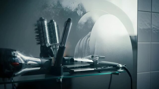 Hand wiping foggy salon mirror with hairdressing tools on glass shelf &mdash; symbolic scene of beauty salon, professional hairstyling, elegance, and creative atmosphere