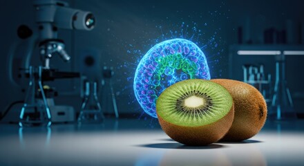 Kiwi fruit and microscopic image in a laboratory setting