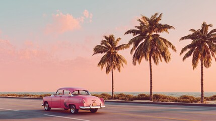 Vintage pink car driving along a coastal road lined with palm trees at sunset, with a pastel sky and ocean in the background, creating a retro summer travel vibe.