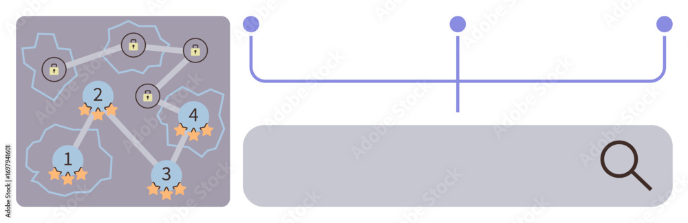Poster diagram of nodes connected by paths, locked areas, and search bar symbolizing navigation, security, 