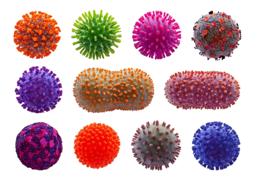 Set of various viruses, microbes and bacteria, isolated on a transparent or white background