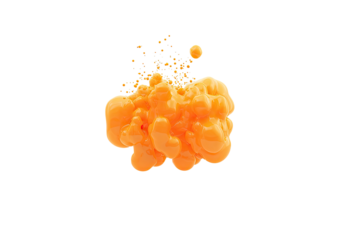 Abstract orange liquid explosion. A cluster of vibrant orange, bubble-like shapes against a black background. Splashes and radiating orange particles suggest a dynamic burst