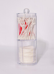 Plastick box with swabs and cotton pads for cosmetic 