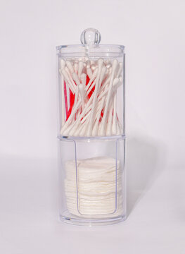 Plastick box with swabs and cotton pads for cosmetic 