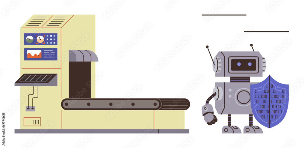 Poster robot holding data security shield near conveyor machine. ideal for technology, automation, data sec