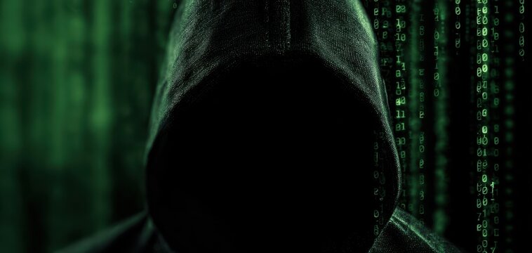 The Hooded Figure Surrounded by Green Matrix Code Represents Cybercrime and Data Breach Threat - Powered by Adobe