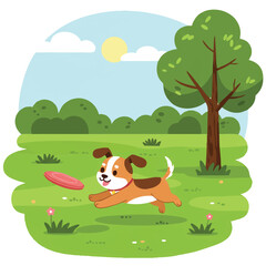 Obraz premium A joyful cute dog playfully leaps after a vibrant frisbee in a sun-drenched green park, rendered in a simplified 2D flat vector illustration style with clean lines and bright colors.