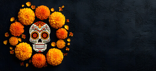 Day of the dead, Dia de los muertos, sugar skull wit marigold flowers wreath o paper black color Backgrond.