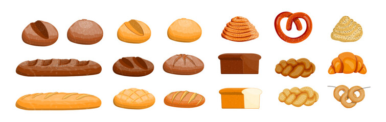 Set of various bread and bakery products. Collection of fresh baked goods for food and menu illustrations.