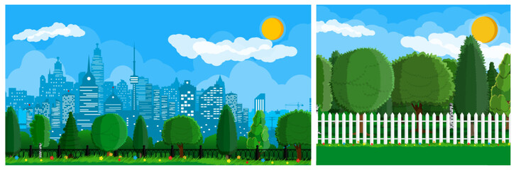 Urban park with city skyline and green lawn. Nature landscape. Cityscape background. Summer season for flat illustration.