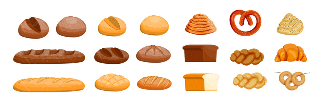 Set of various bread and bakery products. Collection of fresh baked goods for food and menu illustrations.