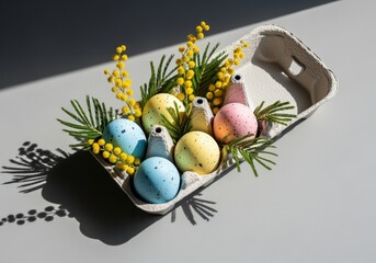 Colorful Easter eggs with mimosa flowers in carton