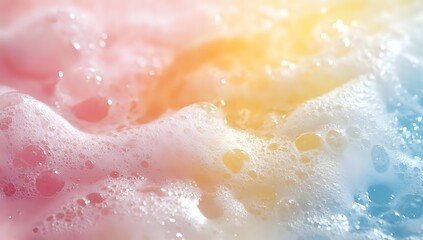 Obraz premium Colorful soap foam texture with pink, yellow and blue gradient background, macro photography of bubbles and suds creating abstract pattern.