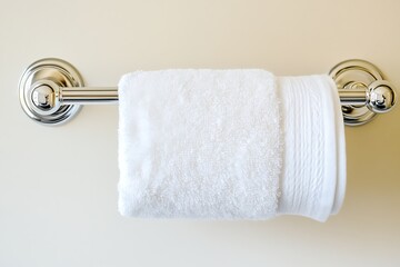 A neatly folded white hand towel hangs on a polished chrome towel bar against a light beige wall