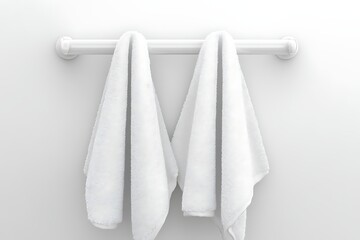 Two white towels hang neatly on a wall-mounted bar against a white background
