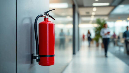 Red fire extinguisher mounted in office corridor, employees blurred in background