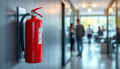 Red fire extinguisher mounted in office corridor, employees blurred in background