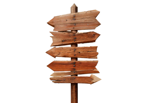 Wooden signposts with various arrows pointing in different directions, isolated on a transparent or white background