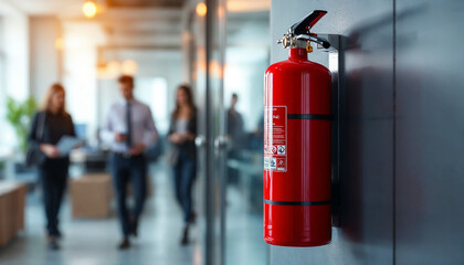 Red fire extinguisher mounted in office corridor, employees blurred in background