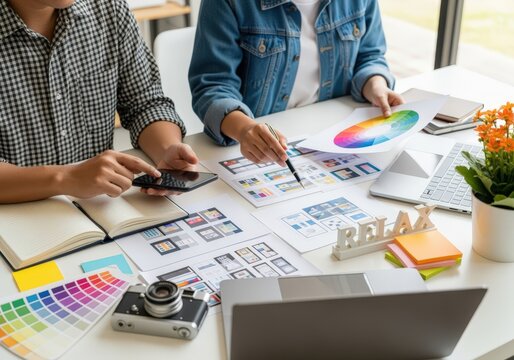 Creative professionals collaborating on app and web design.