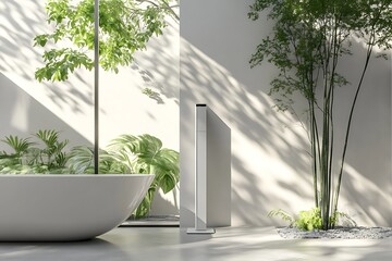 Sleek, modern air purifier stands in a minimalist bathroom spa setting with lush greenery and natural light