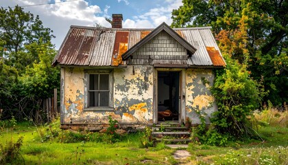 A weathered cottage in a overgrown yard