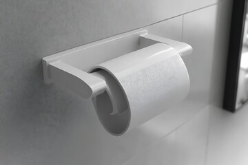Modern white toilet paper holder with a roll of tissue on a tiled wall
