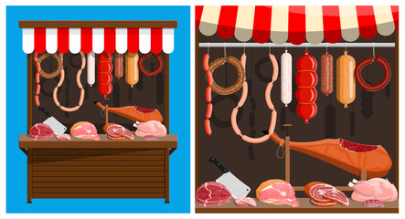 Meat and sausage on market stall. Butcher shop or store with fresh meat, sausages, and poultry. Food business concept.