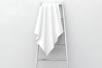 White fabric draped elegantly over a metallic stepladder against a minimalist white backdrop
