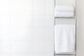 White towels neatly stacked on a chrome towel ladder against a white tiled wall
