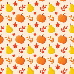 Colourful seamless pattern with autumn leaves and pumpkins. Fall season vector illustration. 