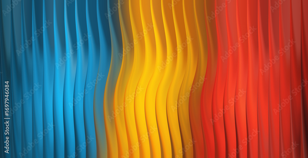 Poster abstract background with blue, yellow and red vertical stripes and wavy pattern