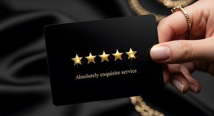 Hand holding black card with five golden stars and text rating