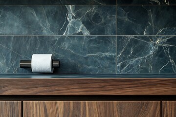 Modern bathroom with dark marble tiles, walnut vanity, and a single roll of toilet paper on a minimalist holder