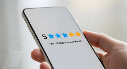 Close up of a hand holding a smartphone displaying a five star rating