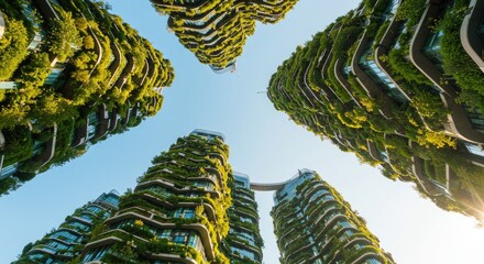 Lush, vertical gardens adorn modern skyscrapers