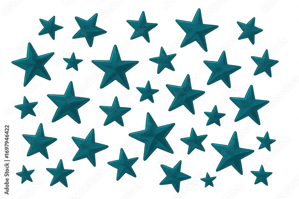 Poster teal glossy five-pointed stars of different sizes falling against a transparent background, perfect 