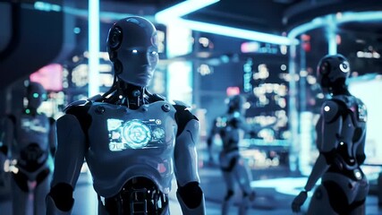 A futuristic robot stands alert in a bustling urban cityscape, showcasing advanced technology and a sense of anticipation.