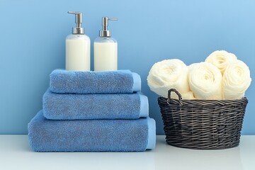 Stacked blue towels, lotion pumps, and rolled towels in a basket against a light blue background