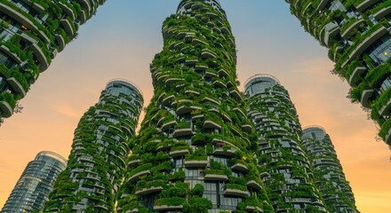 Lush vertical towers against a vibrant sky