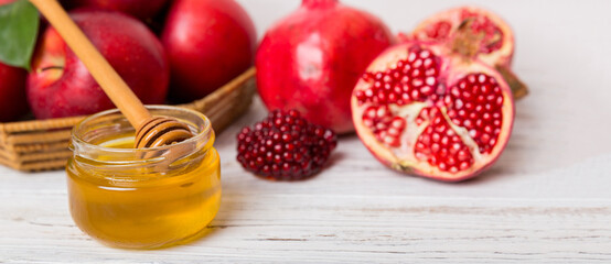 Flat lay composition with symbols jewish Rosh Hashanah holiday attributes on colored background, Rosh hashanah concept. New Year holiday Traditional. Top view with copy space