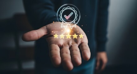 Hand holding glowing five star rating and quality assurance checkmark icon
