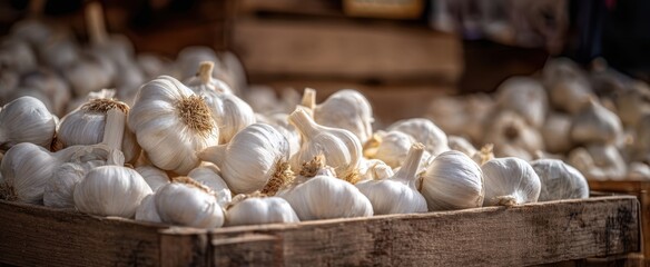 The Garlic Bulbs in Rustic Wooden Crates at a Market Stall