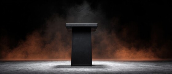 Minimalist black pedestal stand on dark smoky background with orange glow lighting and reflective surface for product display or showcasing